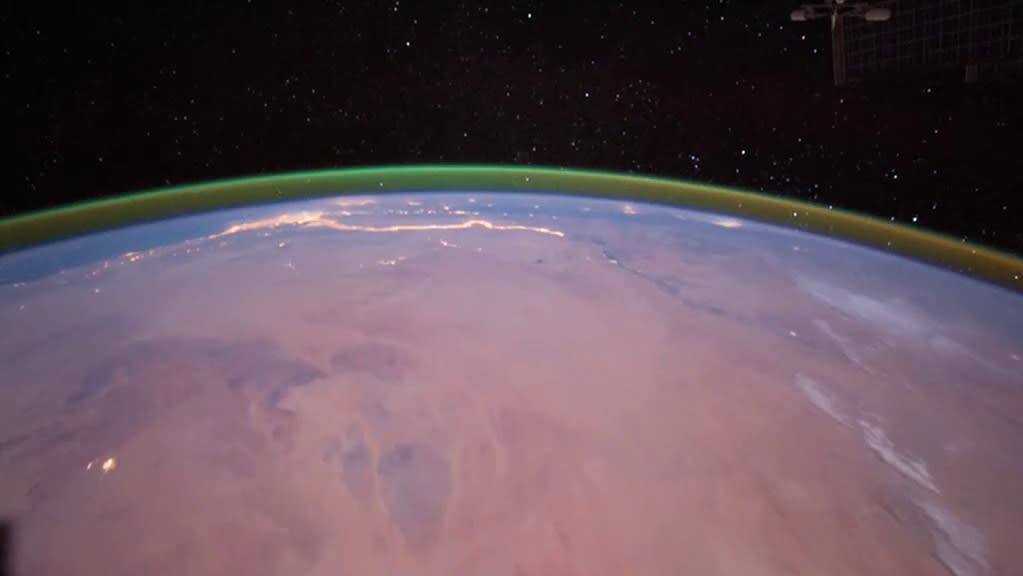 Green airglow in Earth's atmosphere, as seen from the ISS in 2011. (Image: NASA)