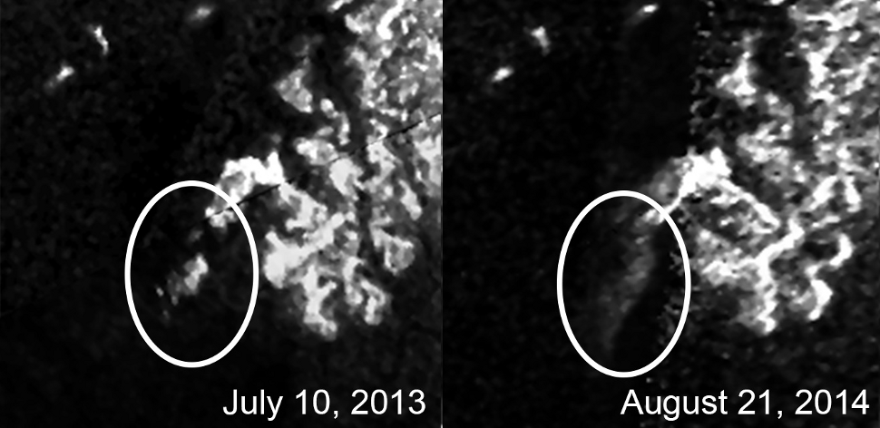 Now you see it, now you don't: Titan's enigmatic island.  (Image: NASA/JPL-Caltech/ASI/Cornell)