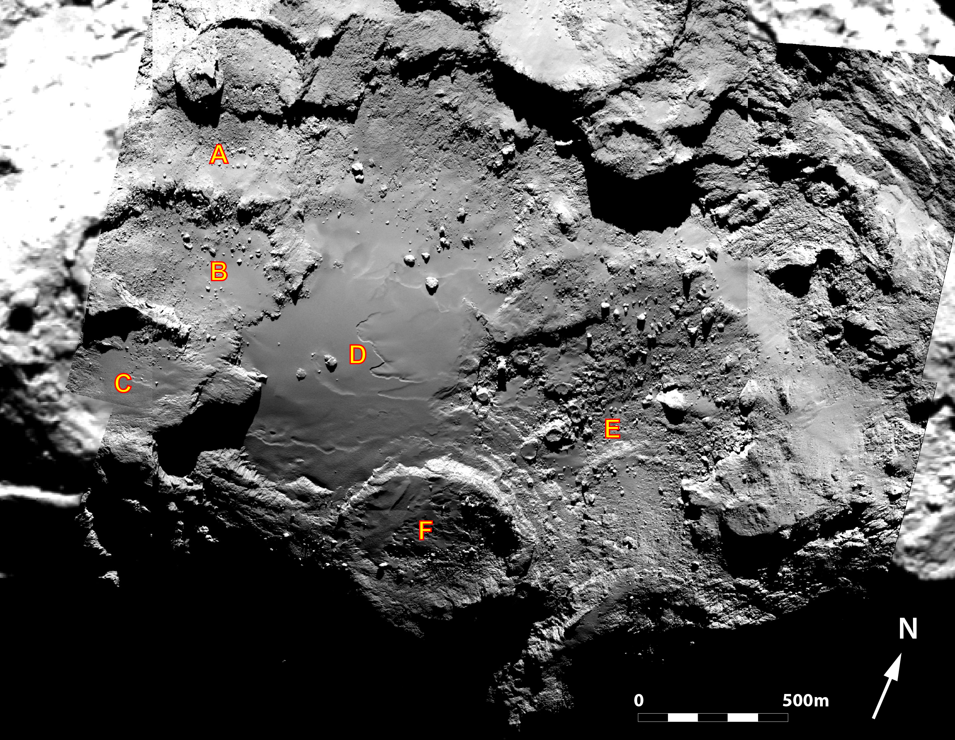 Accumulation basins identified within the Imhotep region on Comet 67P/Churyumov-Gerasimenko. (Image: ESA/Rosetta/MPS for OSIRIS Team MPS/UPD/LAM/IAA/SSO/INTA/UPM/DASP/IDA)