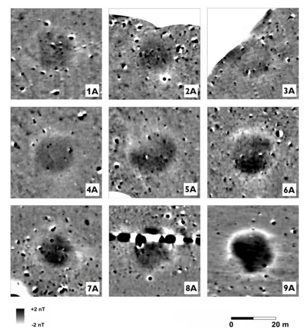 Nine distinct pits, as revealed by magnetograph remote sensing technology.  (Image: V. Gaffney et al., 2020)