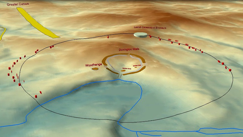 The circular structure (indicated by the black line) and 20 pits located along its boundary (in red).  (Image: University of St. Andrews)