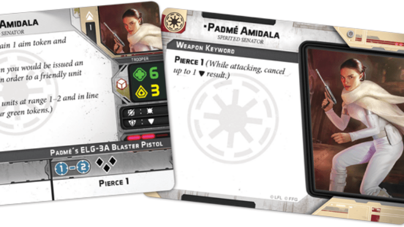 A look at the player card for Padmé Amidala in Star Wars: Legion. (Image: Fantasy Flight Games)