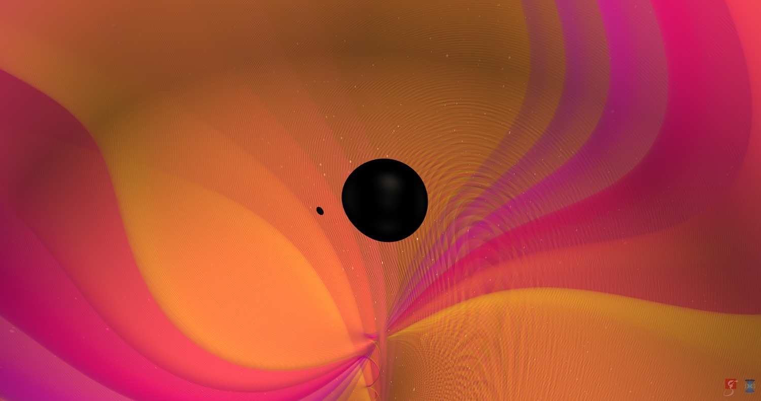 A still from a visualisation of the merging objects, depicted as two black holes and emitting gravitational waves. (Image: N. Fischer, S. Ossokine, H. Pfeiffer, A. Buonanno (Max Planck Institute for Gravitational Physics), Simulating eXtreme Spacetimes (SXS) Collaboration)