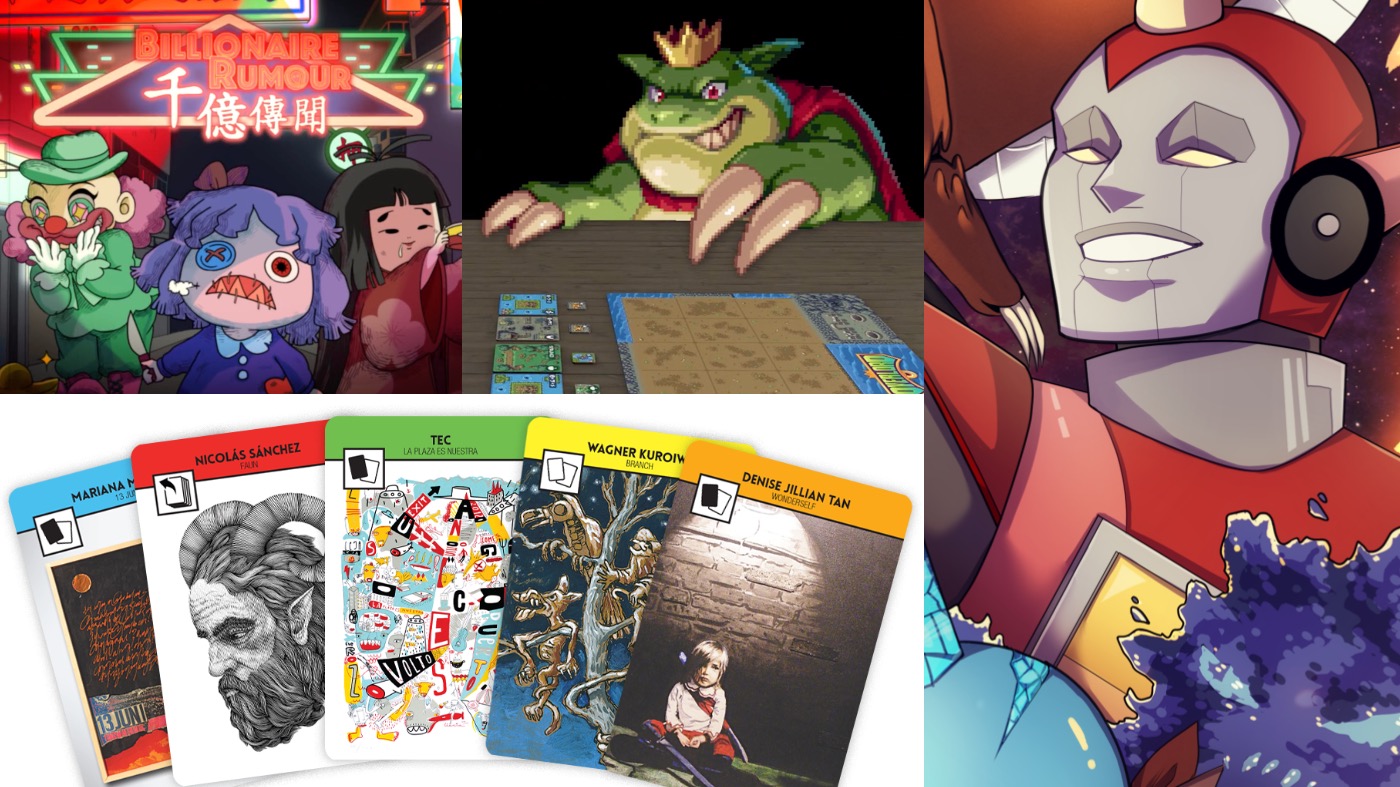 Clockwise from left: Billionaire Rumour, Overlord: a Boss Monster Game, Burn Bryte, and Modern Art: The Card Game.  (Image: Isaac Liu,Image: Brotherwise Games,Image: Roll20,Image: CMON Games)