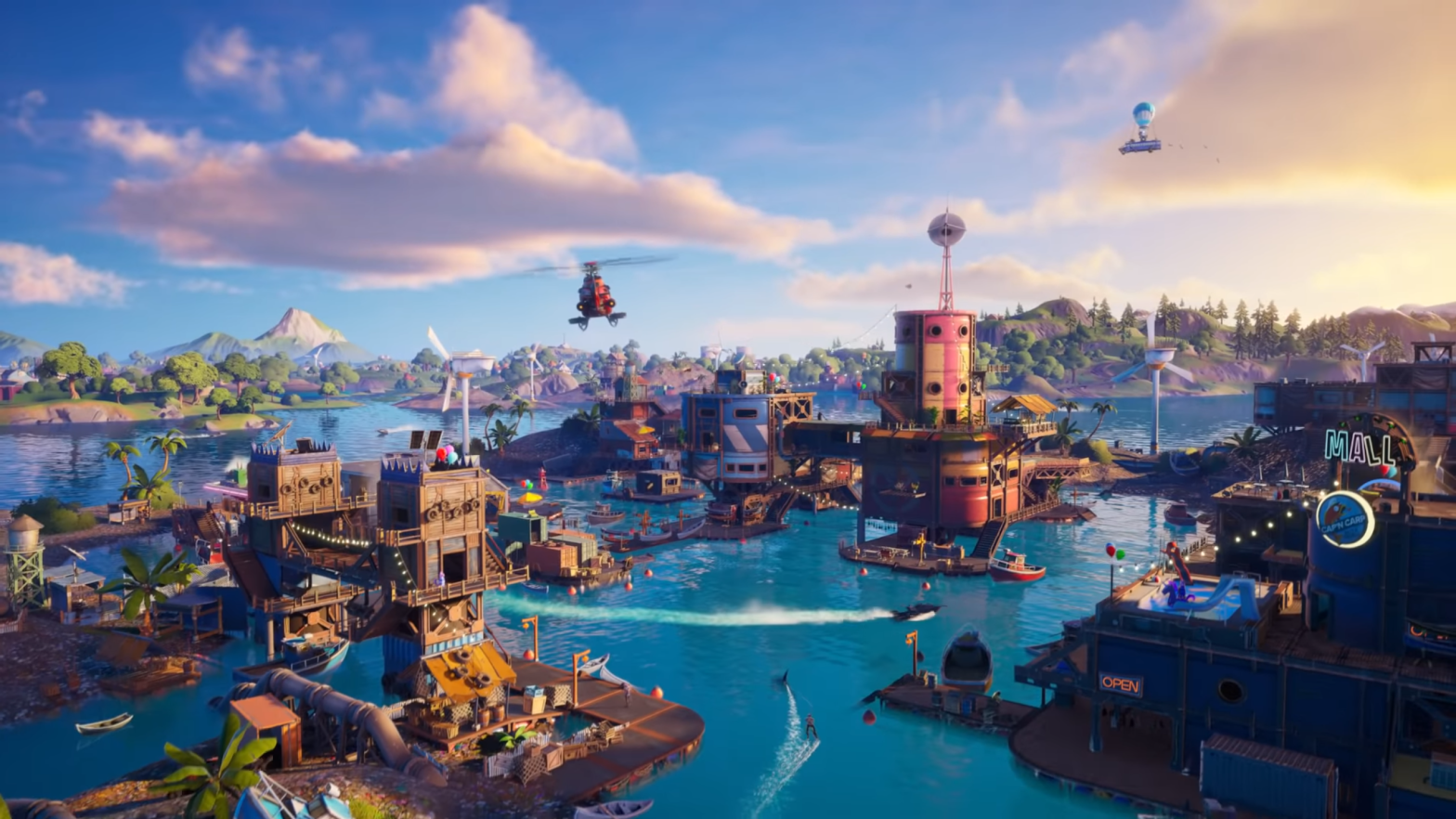 Fortnite's latest season updated the map by flooding most of it, but keeping a convenient place to stream Chris Nolan movies, apparently. (Image: Epic Games)