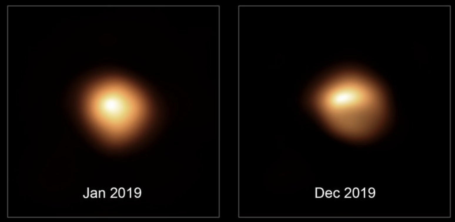 High-resolution images of Betelgeuse show the distribution of brightness in visible light on its surface before and during its darkening. Due to the asymmetry, the authors attributed the dimming to huge star spots. (Image: ESO/M. Montargès et al.)