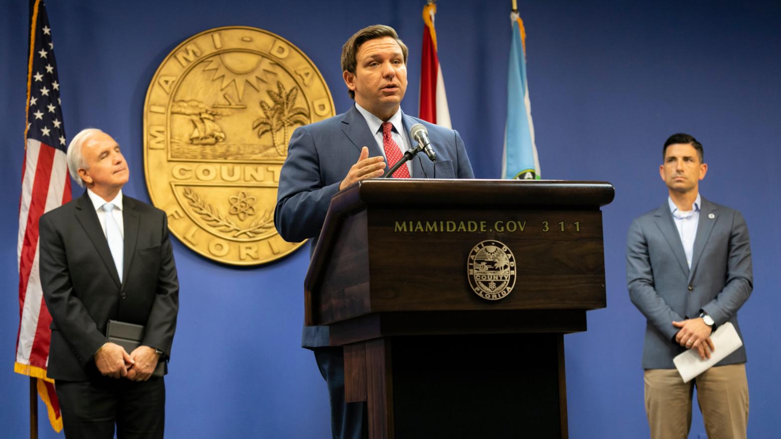 Florida Governor Ron DeSantis (centre) speaks during a press conference relating hurricane season updates at the Miami-Dade Emergency Operations Centre on June 8, 2020, in Miami, Florida.  (Photo: Eva Marie Uzcategui, Getty)