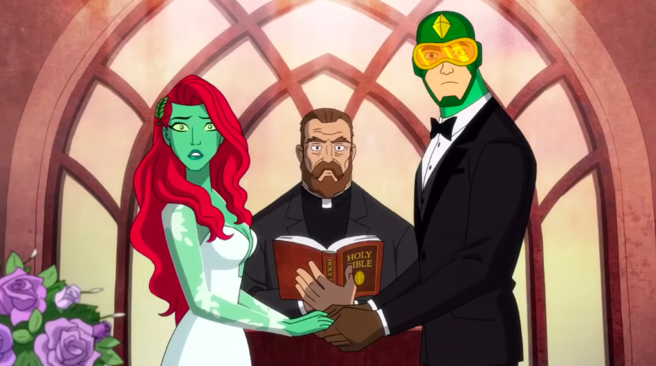 Ivy and Kite-Man realising something's amiss at their wedding. (Image: DC Universe)
