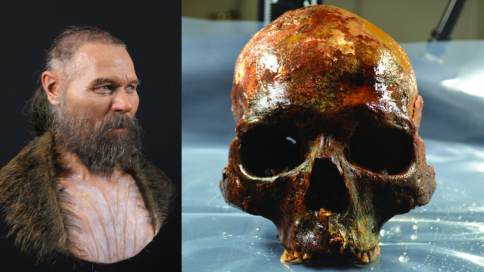 Left: Facial reconstruction of a Mesolithic man from Sweden. Right: His skull, from which the reconstruction was based.  (Image: Oscar Nilsson/S. Gummesson et al., 2018)