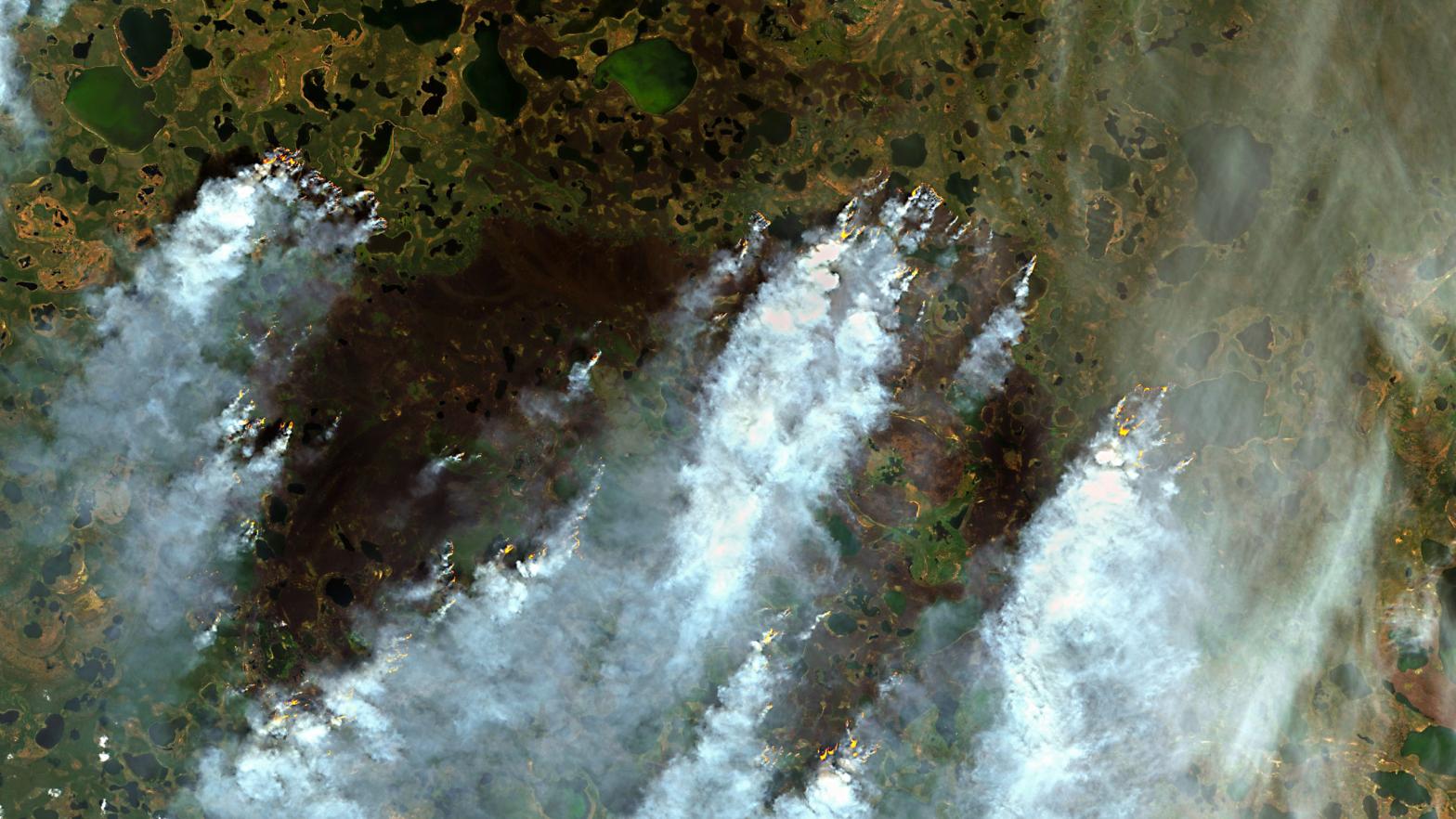 Wildfires seen via satellite burning north of the Arctic Circle in Siberia on June 30. (Image: Brian Kahn/Sentinel Hub)