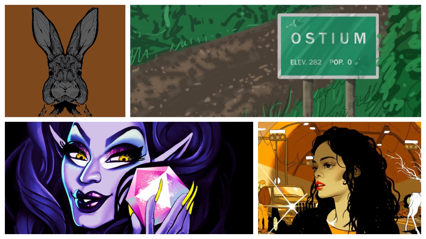 Clockwise from left: Rabbits, Ostium, The Left Right Game, and Queens of Adventure. (Image: Terry Miles,Image: The Ostium Network,Image: QCode,Image: Queens of Adventure)