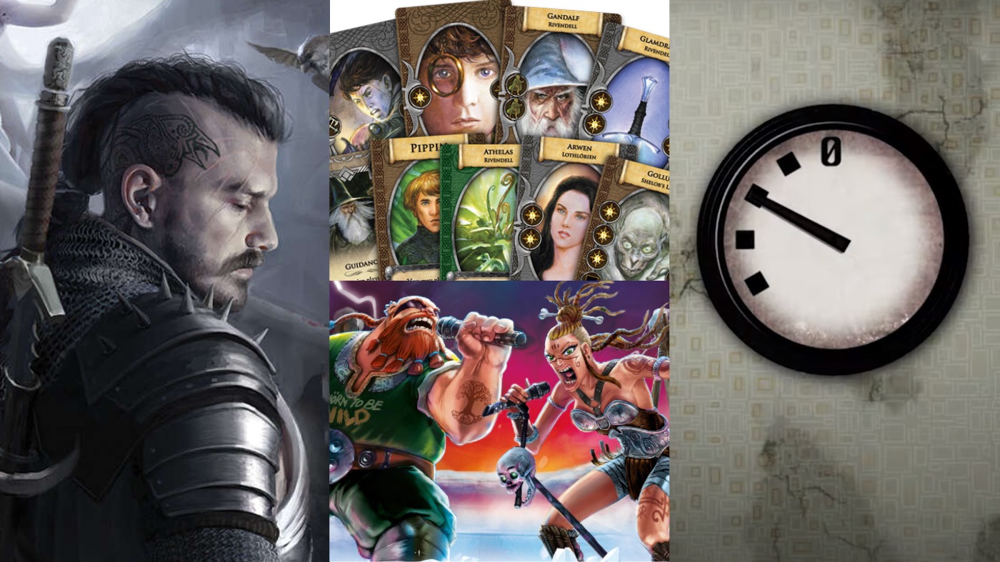 Clockwise from left: A Witcher's Journal, The Lord of the Rings: The Board Game Anniversary Edition, Pandemic Legacy: Season 0, and RagnaRok Star. (Image: R. Talsorian Games,Image: Fantasy Flight Games,Image: Z-Man Games, Fair Use,Image: Perte & Fracas)