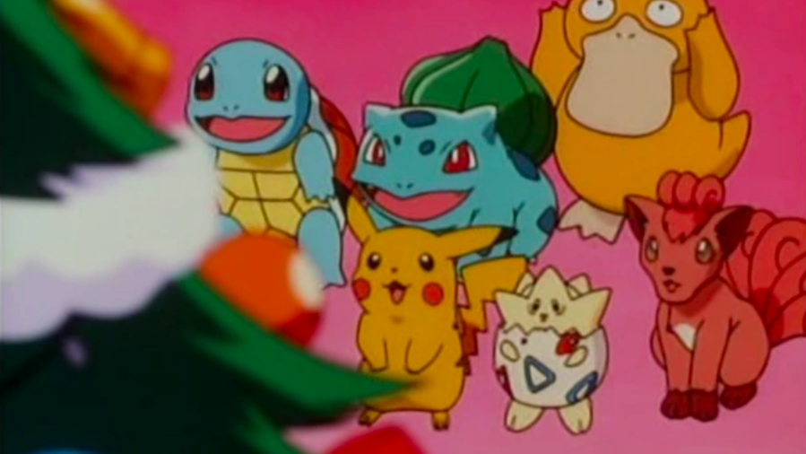 Squirtle, Bulbasaur, Psyduck, Vulpix, Togepi, and Pikachu marveling at a Christmas tree. (Image: 4Kids Entertainment)
