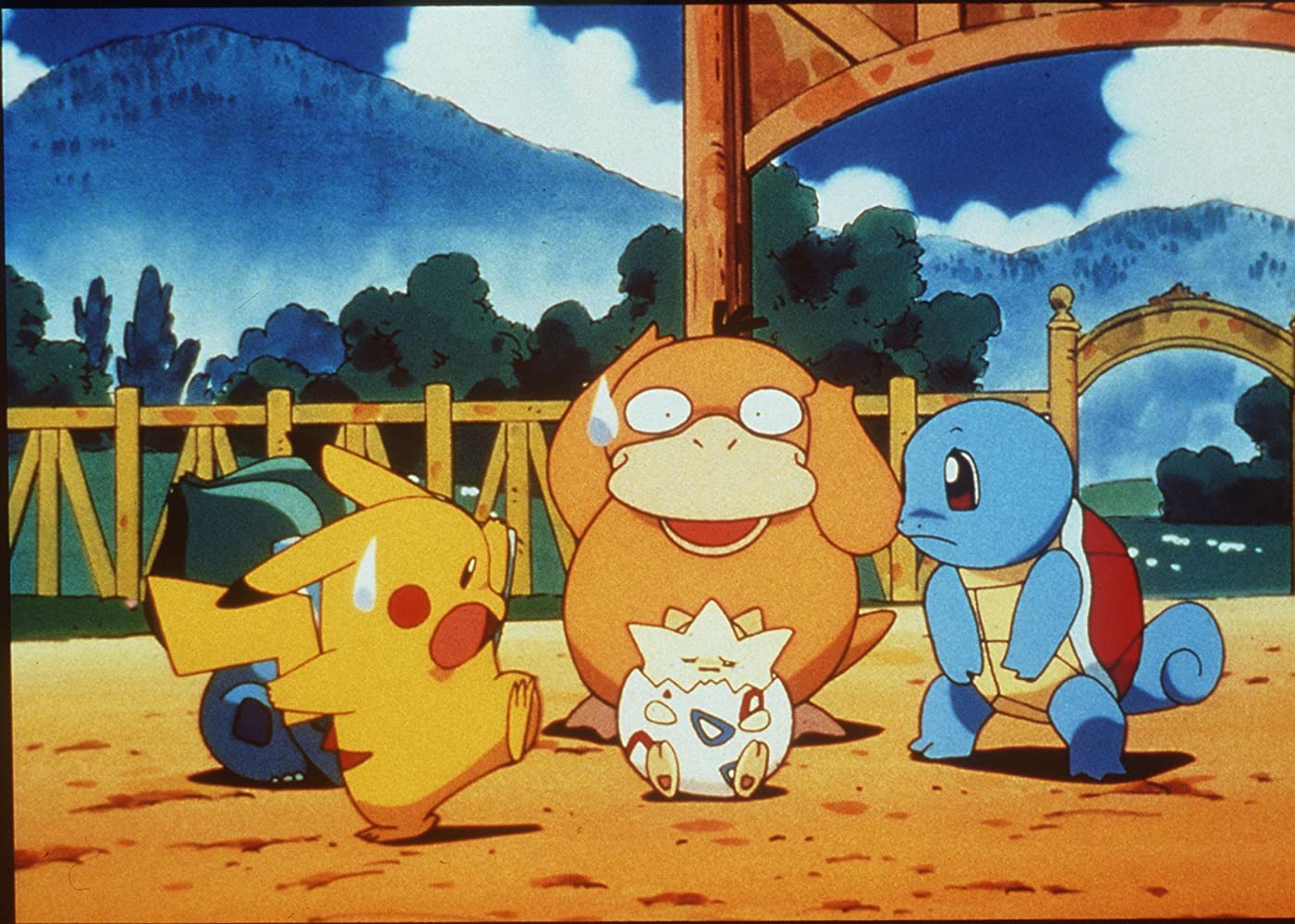 Pikachu, Psyduck, and Squirtle having no idea what to do with an upset Togepi (Image: 4Kids Entertainment)