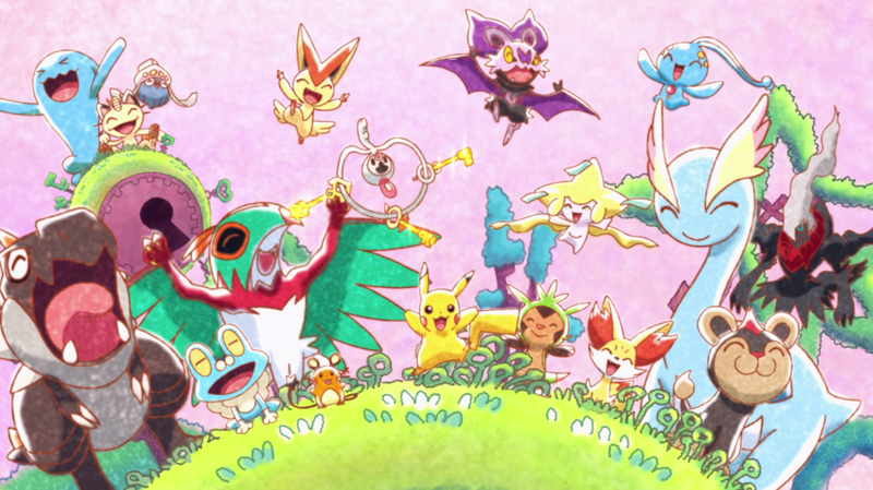 A bunch of Pokémon celebrating a Klefki, a Pokémon that's literally just a ring with some keys on it. (Image: The Pokemon Company)