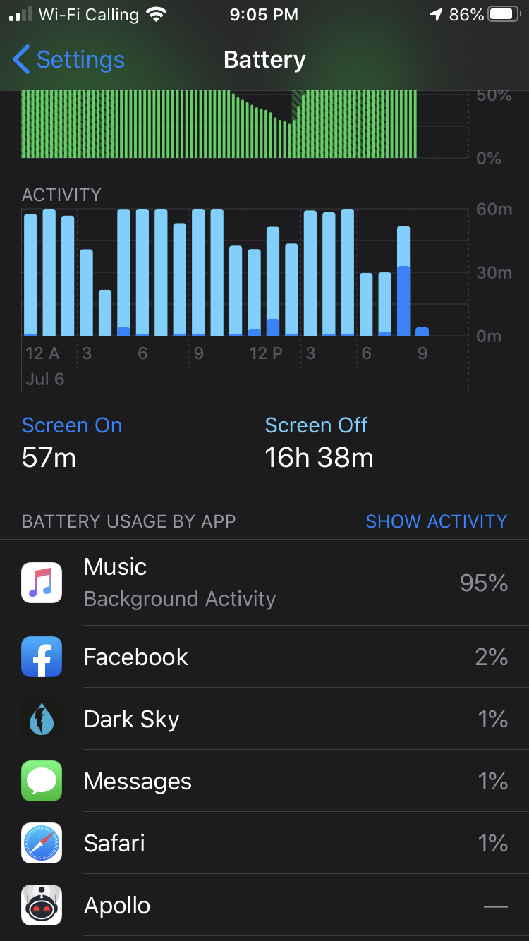 Even if you were streaming Apple Music all day while doing little else, 95% battery usage would still be extremely high.  (Screenshot: u/ritty84, Other)