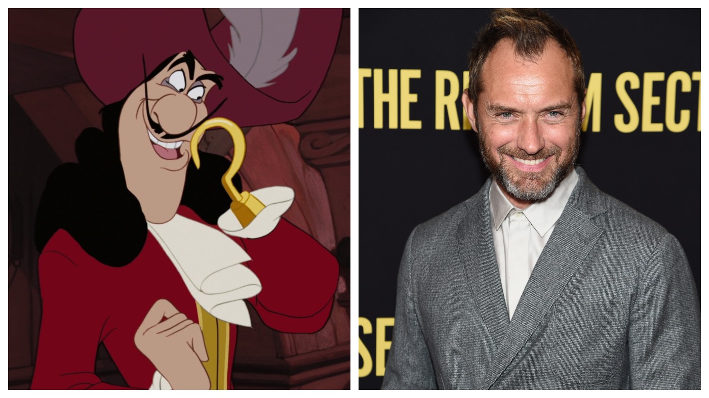 Jude Law (right) may be playing Captain Hook in Disney's new live-action remake. (Photo: Left: Disney, Right: Jamie McCarthy, Getty Images)