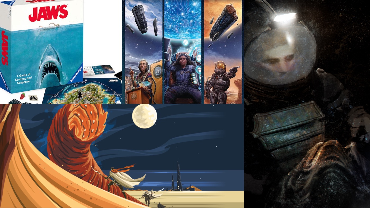 Clockwise from left: Jaws, The Expanse RPG, Alien: The Roleplaying Game, and Dune. (Image: Ravensburger, Green Ronin Publishing, Free League Publishing, Gale Force Nine)