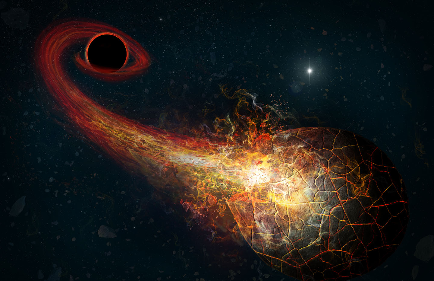 Artist's conception of a comet getting destroyed by a black hole. New research suggests we can detect such encounters from Earth, pointing to the presence of this hypothesised black hole.  (Image: M. Weiss)