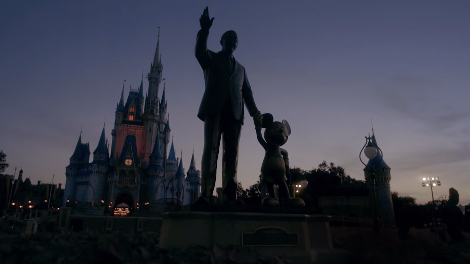 A shot of Walt Disney and Mickey Mouse's statues. (Screenshot: Disney Parks)