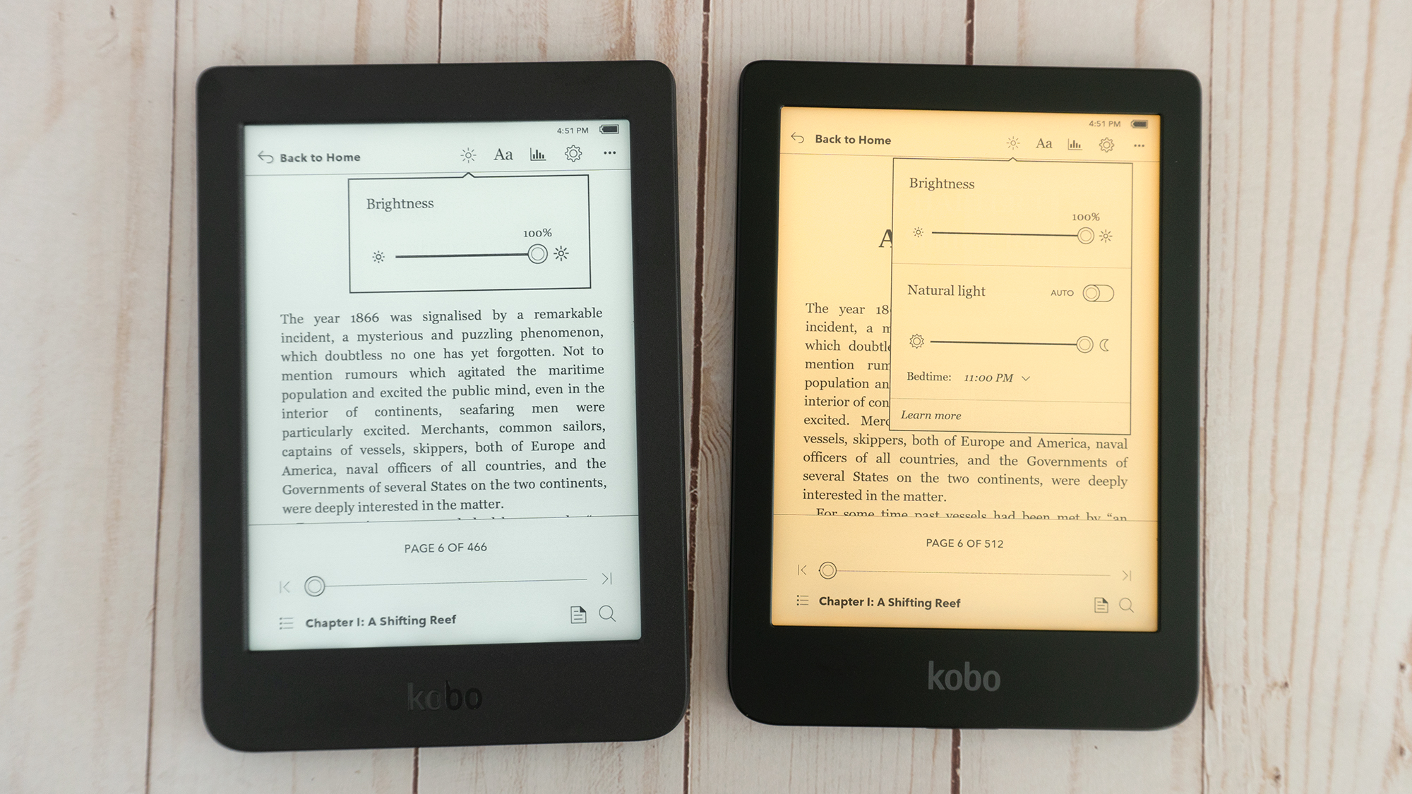 The biggest reason to splurge $US20 ($29) for the Kobo Clara HD is its backlight, which allows for colour temperature adjustments at night, shifting warmer to help calm your brain. (Photo: Andrew Liszewski (Gizmodo)