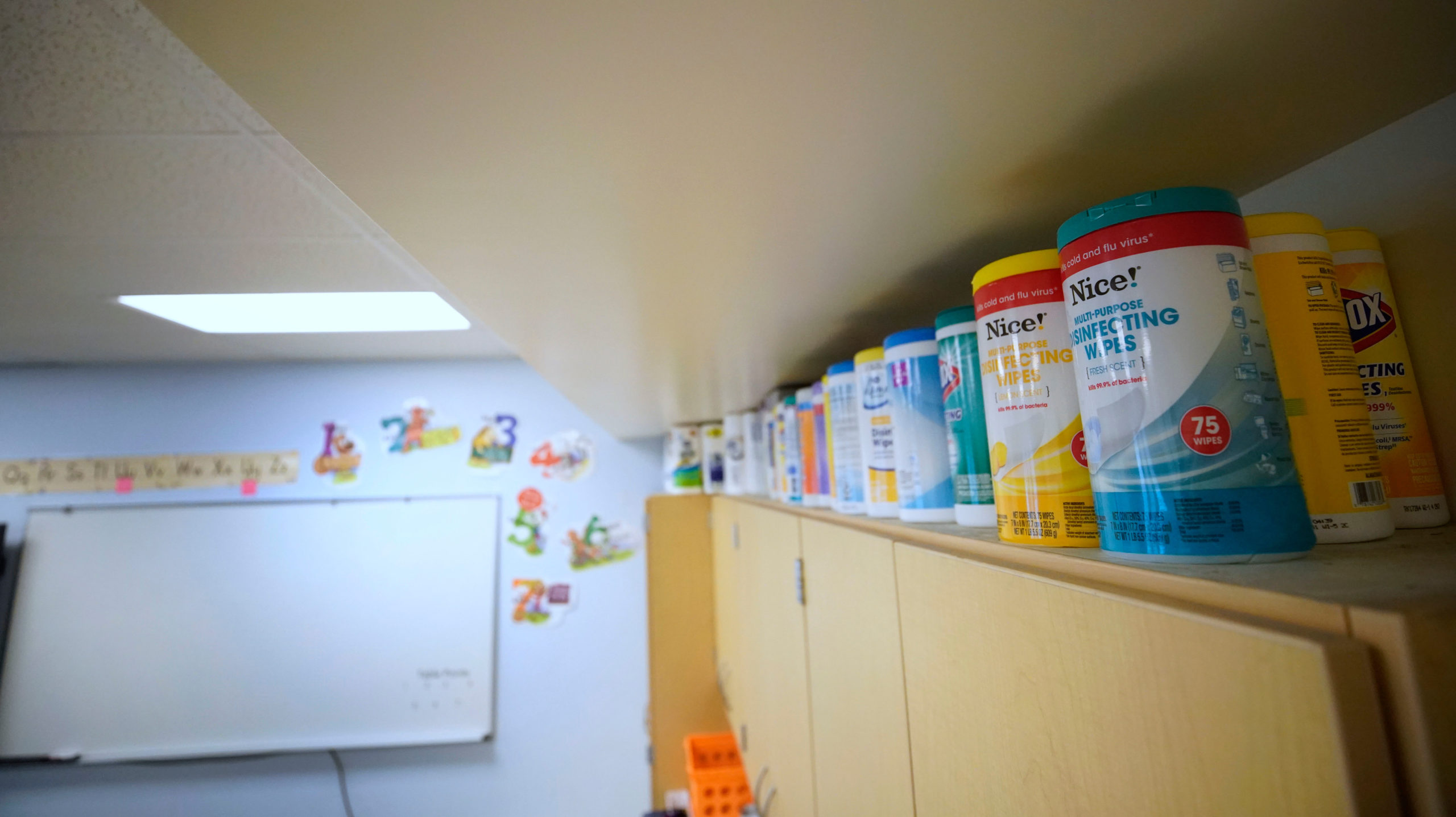 Sanitary wipes and cleaning supplies sit on a shelf in a classroom waiting to be used next year at Freedom Preparatory Academy on May 18, 2020, in Provo, Utah. (Photo: George Frey, Getty Images)
