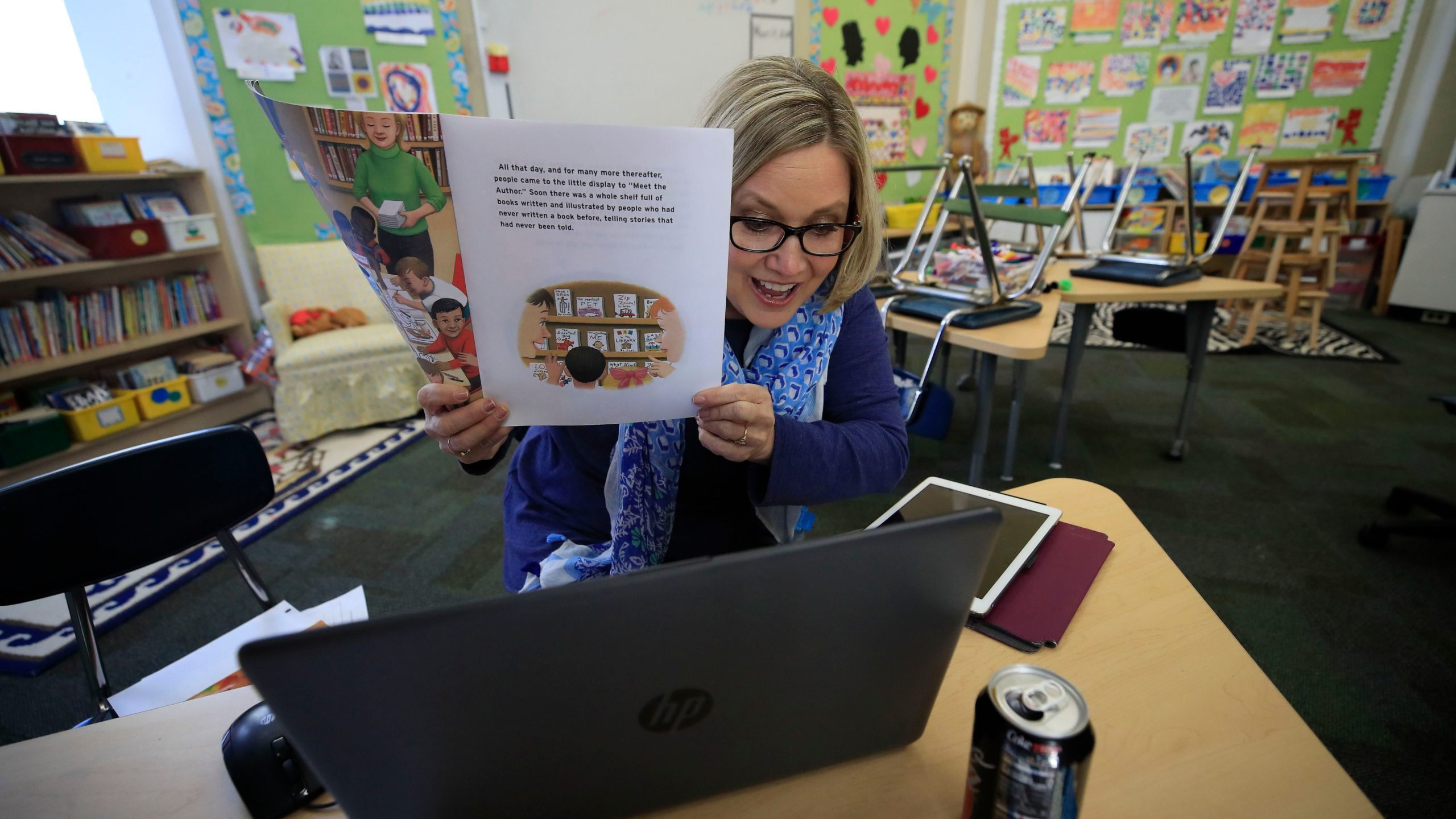 Joanne Collins Brock , a second grade teacher at St Francis School (Goshen), teaches online in her empty classroom on April 15, 2020, in Goshen, Ky. (Photo: Andy Lyons, Getty Images)