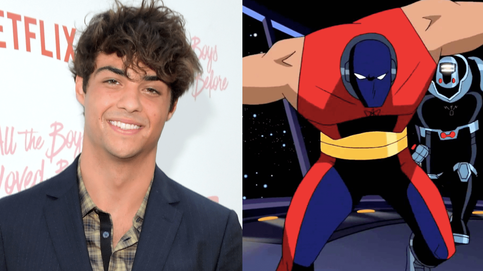 Noah Centineo attends the premiere of Netflix's To All the Boys I've Loved Before; Atom Smasher preparing to smash. (Photo: Left: Charley Gallay/Getty, Right: Warner Bros. Animation, Getty Images)