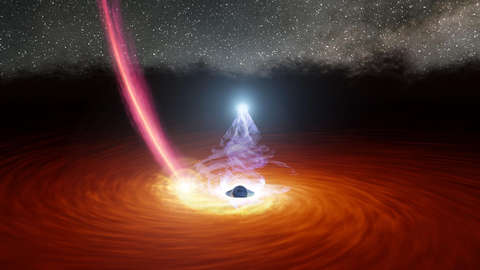 Artistic conception: The supermassive black hole surrounded by a disk of hot gas and the X-ray corona (shown in bluish-white). The pinkish streak is debris falling into the black hole — the shattered remains of a runaway star.  (Image: NASA/JPL-Caltech)