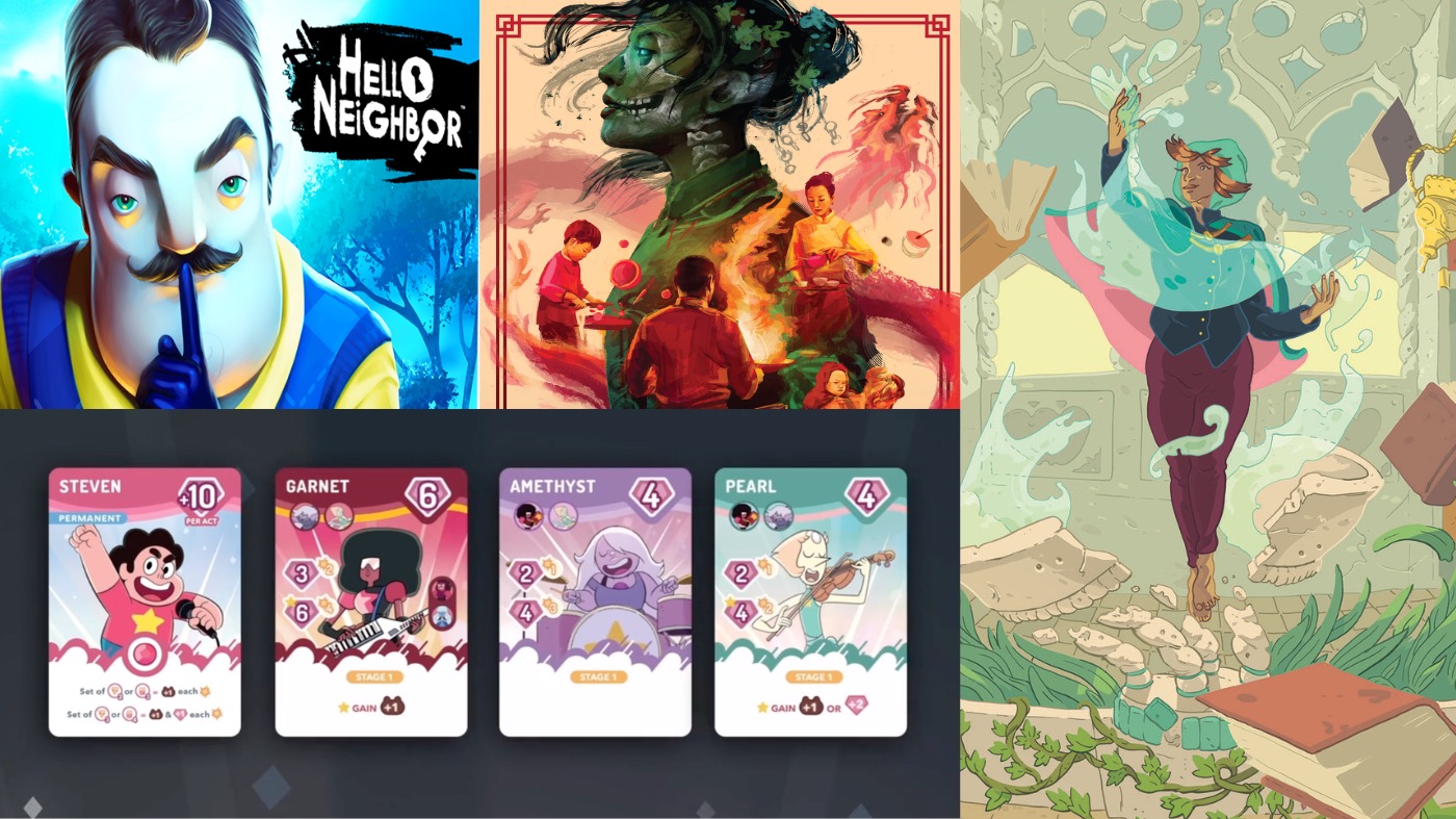 Clockwise from left: Hello Neighbour, Jiangshi: Blood in the Banquet Hall, Quest, and Steven Universe: Beach-a-Palooza Card Battling Game. (Image: Arcane Wonders,Image: Wet Ink Games,Image: The Adventure Guild,Image: Cryptozoic Entertainment)