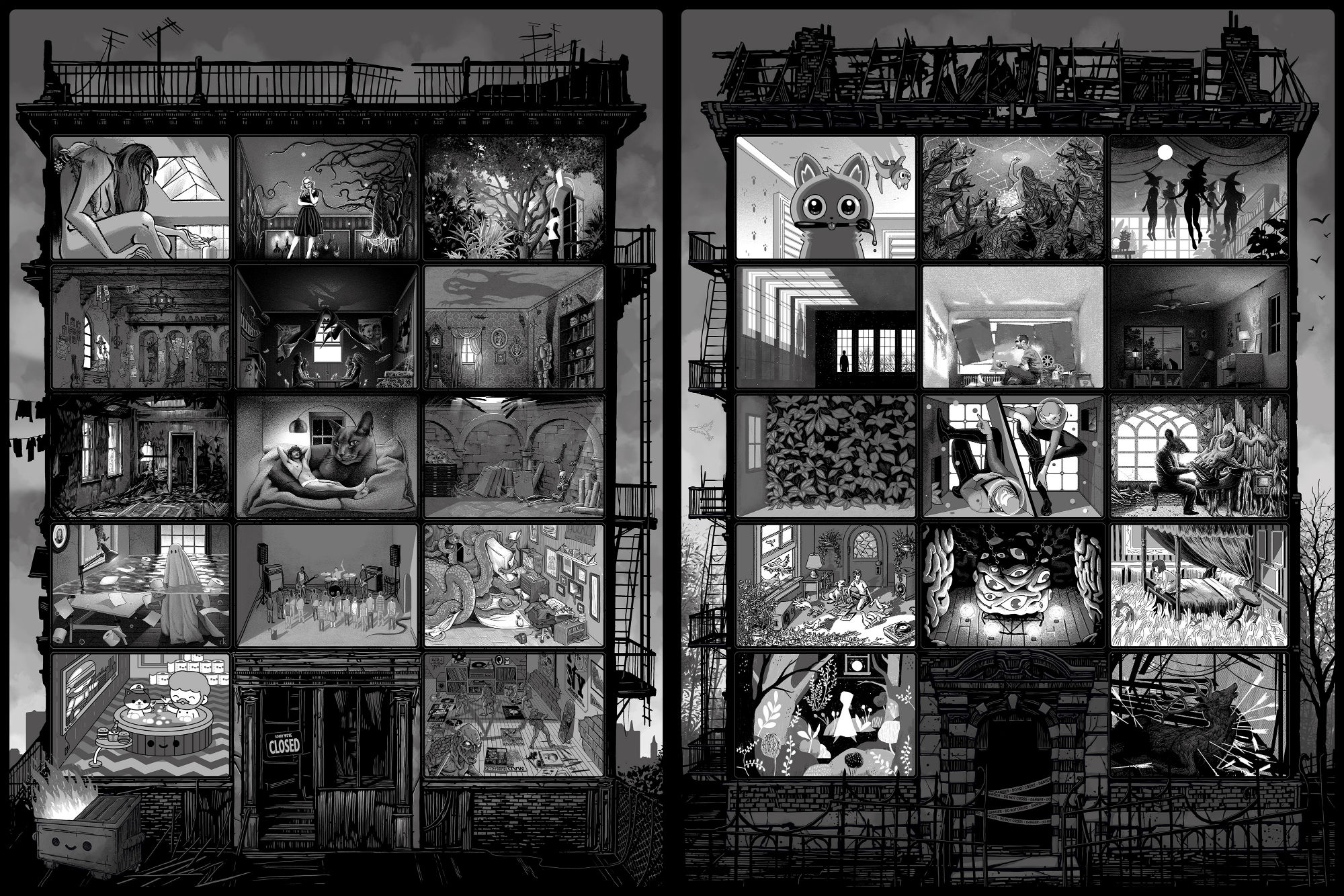 28 artists, 28 quarantine interpretations. Two posters. This is the black and white version. (Image: Tiny Media Empire)