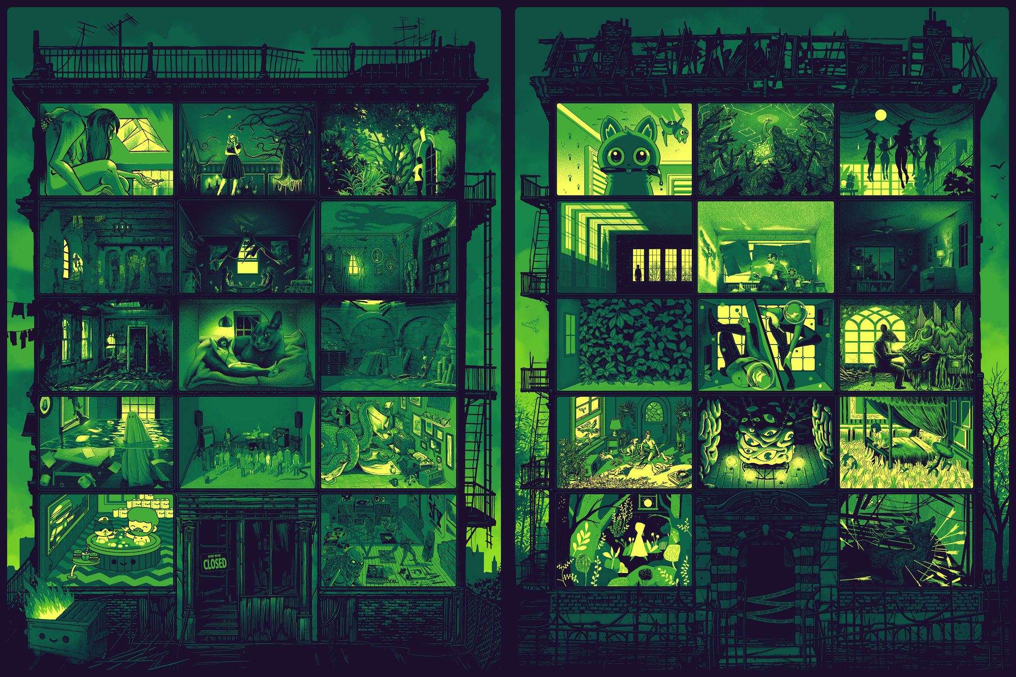 28 artists, 28 quarantine interpretations. Two posters. This is the green version. (Image: Tiny Media Empire)