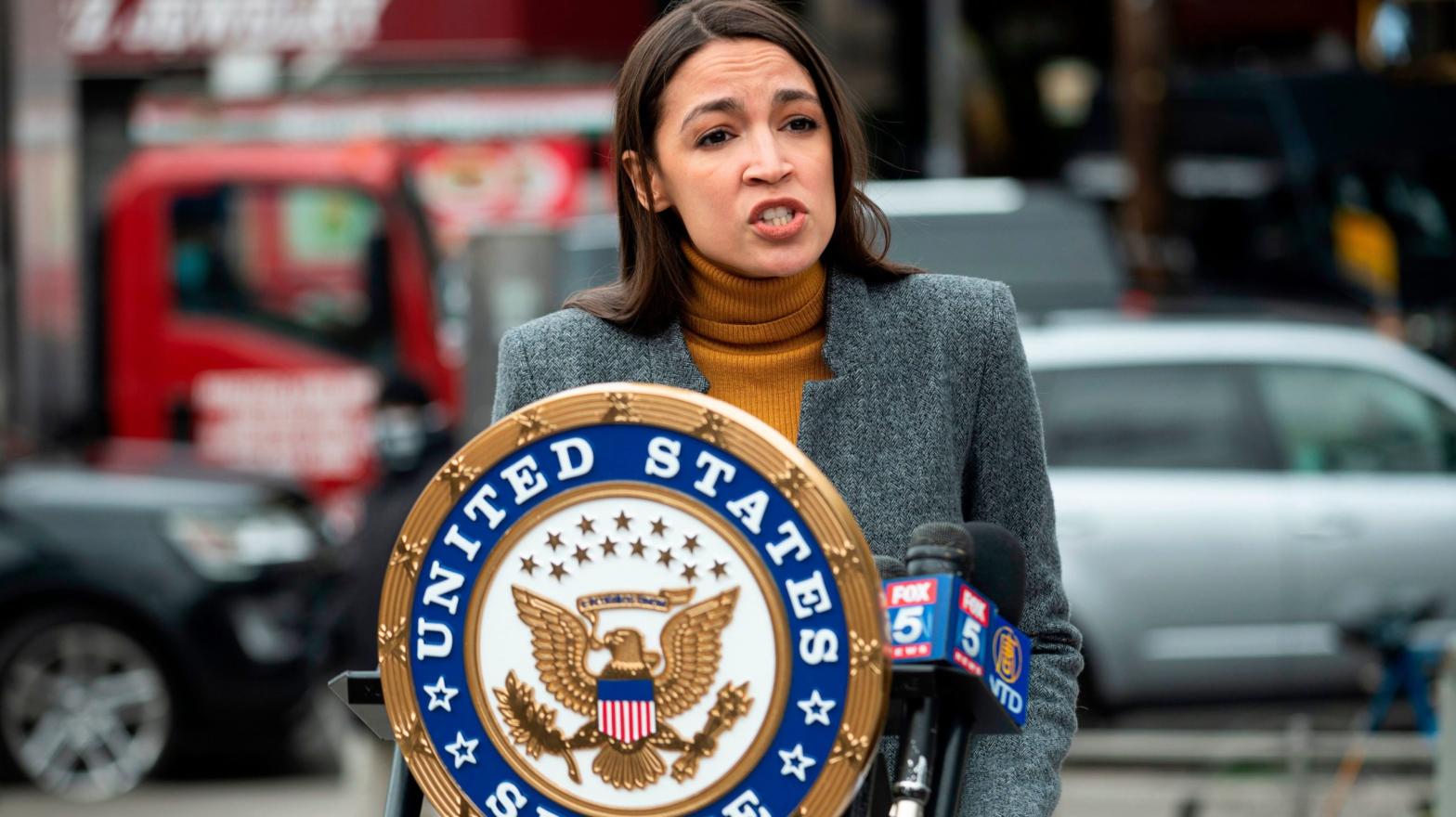 Alexandria Ocasio-Cortez speaking at a press conference in Queens in New York on April 14, 2020. (Photo: Johannes Eisele/AFP, Getty Images)