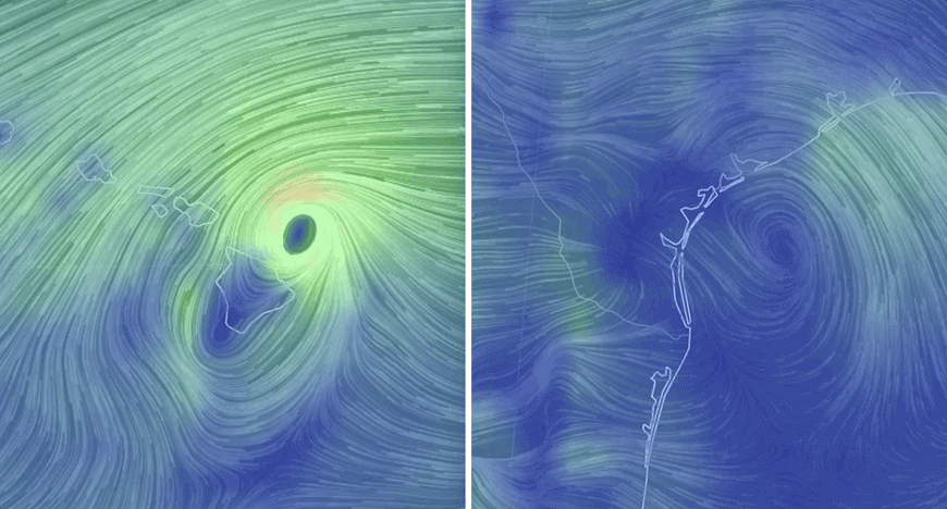 Forecast scenes from this weekend: Hurricane Michael as it approaches the Hawaiian Islands on Sunday on the left, Tropical Storm Hanna as it nears Texas on Saturday on the right. (Gif: Earth Wind Map)