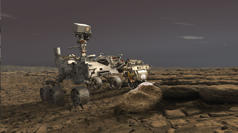 Depiction of NASA's Perseverance rover using its Planetary Instrument for X-ray Lithochemistry (PIXL) instrument to analyse a rock on the surface of Mars. (Image: NASA/JPL-Caltech)