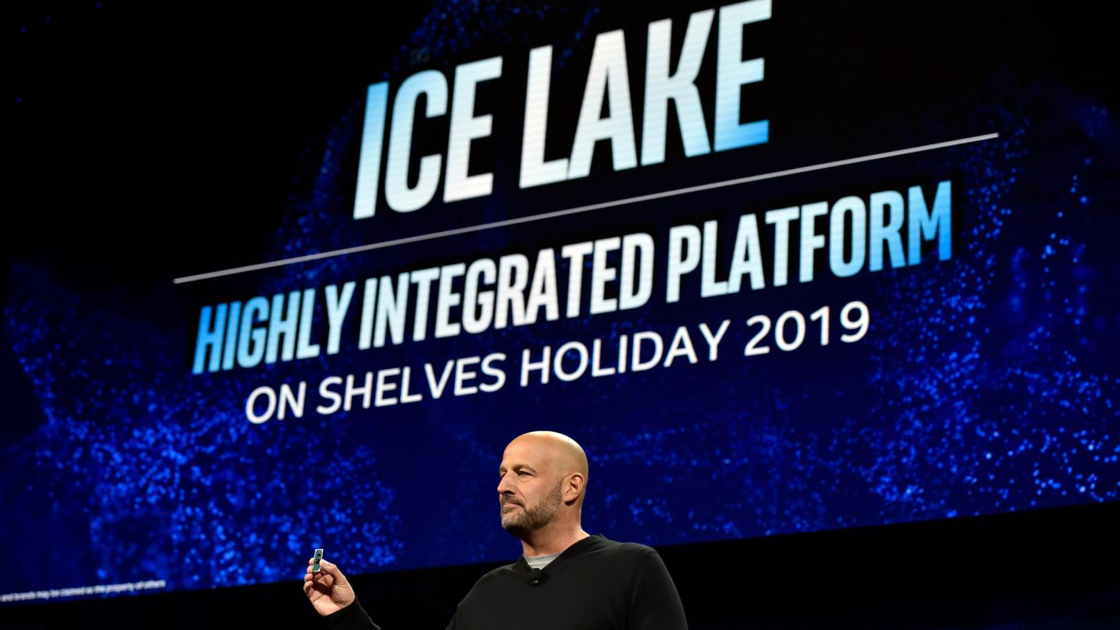 Intel Senior Vice President Gregory Bryant showing off an Ice Lake chip during an Intel press event at CES 2019. (Photo: David Becker, Getty Images)