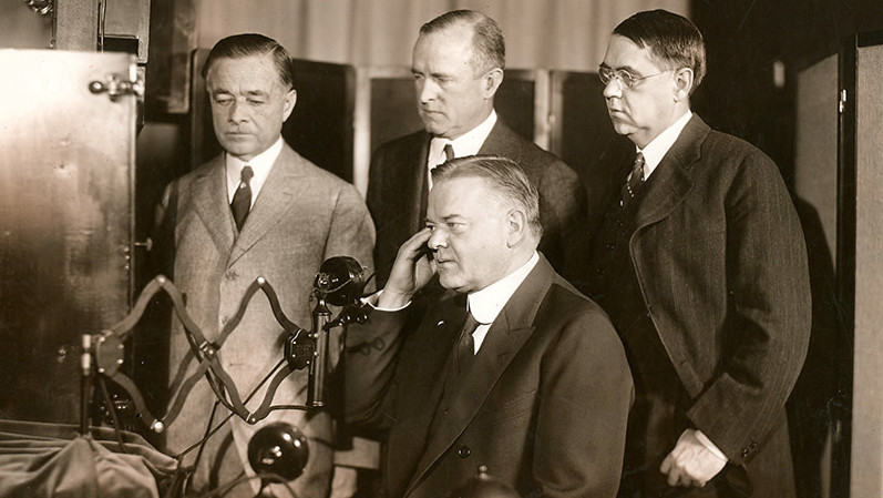 Then-Secretary of Commerce Herbert Hoover using the ikonophone in 1927 (Photo: AT&T Archives and History Centre)