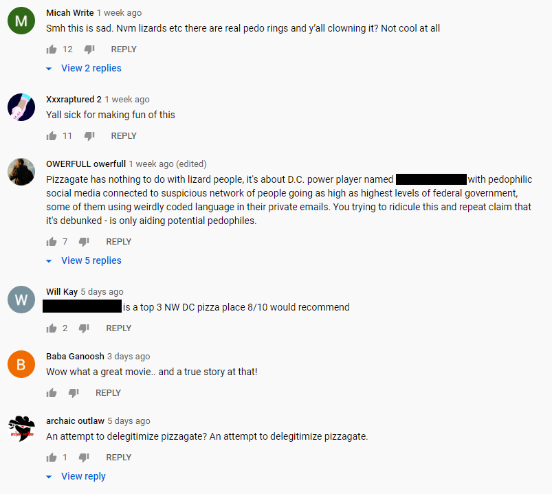 Conspiracy theorists attacking Duncan in the YouTube comments section (names of real individuals and places redacted). (Screenshot: YouTube)