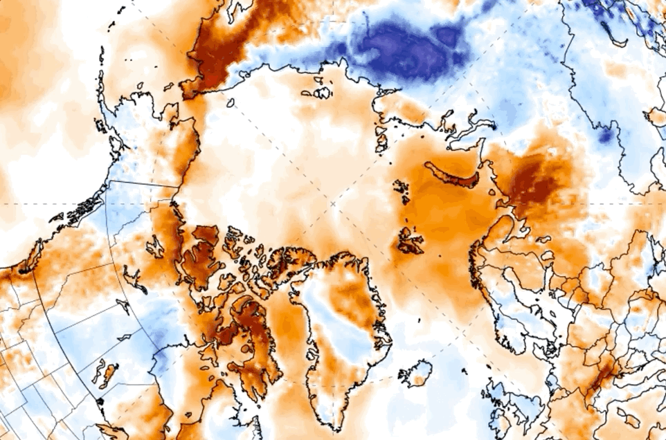 Forecast temperature anomalies over the next few days in the Arctic. Ellesmere Island is off the northwest coast of Greenland while Svalbard is due north of Scandinavia. Both saw record high temperatures set this weekend.  (Gif: University of Maine Climate Change Institute)