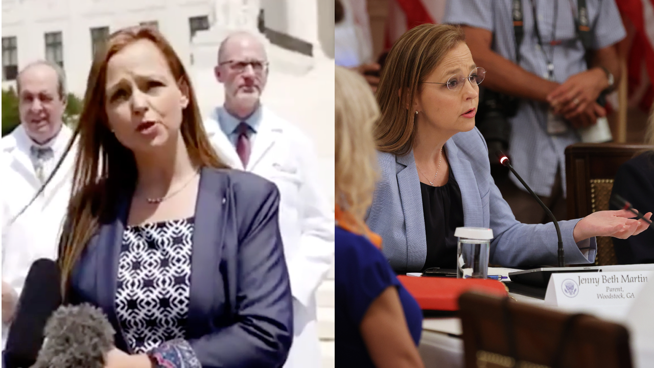 Jenny Beth Martin, co-founder of the Tea Party Patriots lobby group, speaking at a press conference for 'America's Frontline Doctors' on July 27, 2020 (left) and Martin speaking at a White House roundtable with President Trump on July 7, 2020 (right) (Screenshot: Breitbart News/Getty Images)