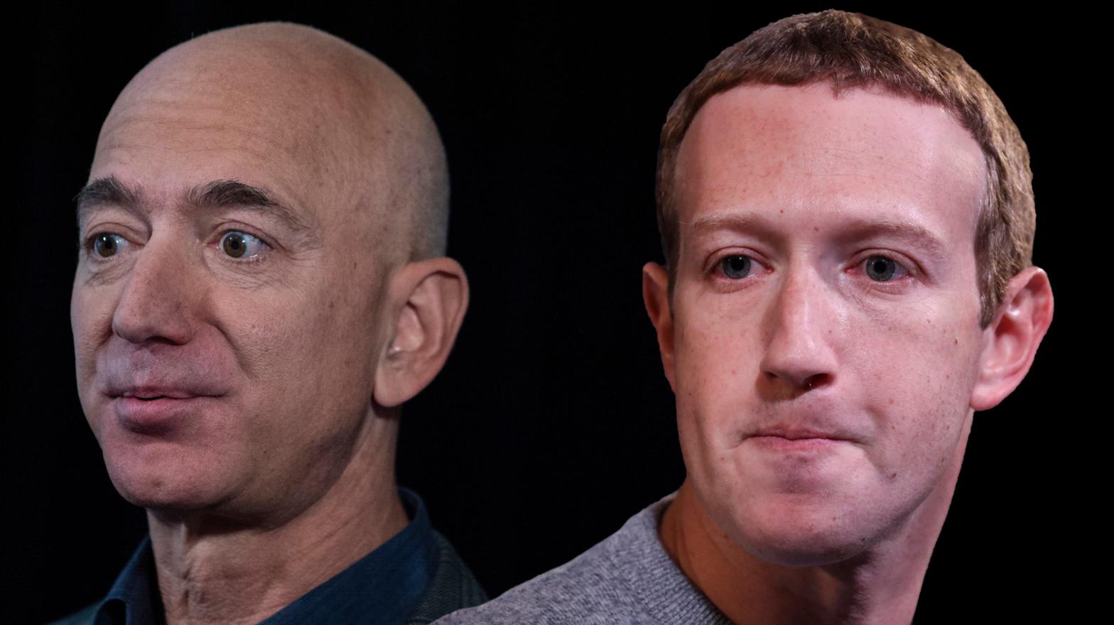 Two of the four tech giants set to testify today: Jeff Bezos of Amazon and Mark Zuckerberg of Facebook. (Tim Cook of Apple and Sundar Pichai of Alphabet/Google not pictured.) (Photo: Eric Baradat/AFP and Drew Angerer, Getty Images)