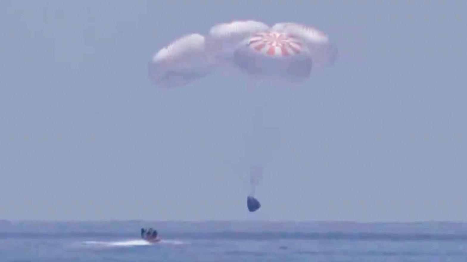 NASA astronauts Bob Behnken and Doug Hurley made a successful water landing in SpaceX's Crew Dragon spacecraft just outside Pensacola, Florida, shortly before 3 p.m. ET Sunday. (Photo: NASA)