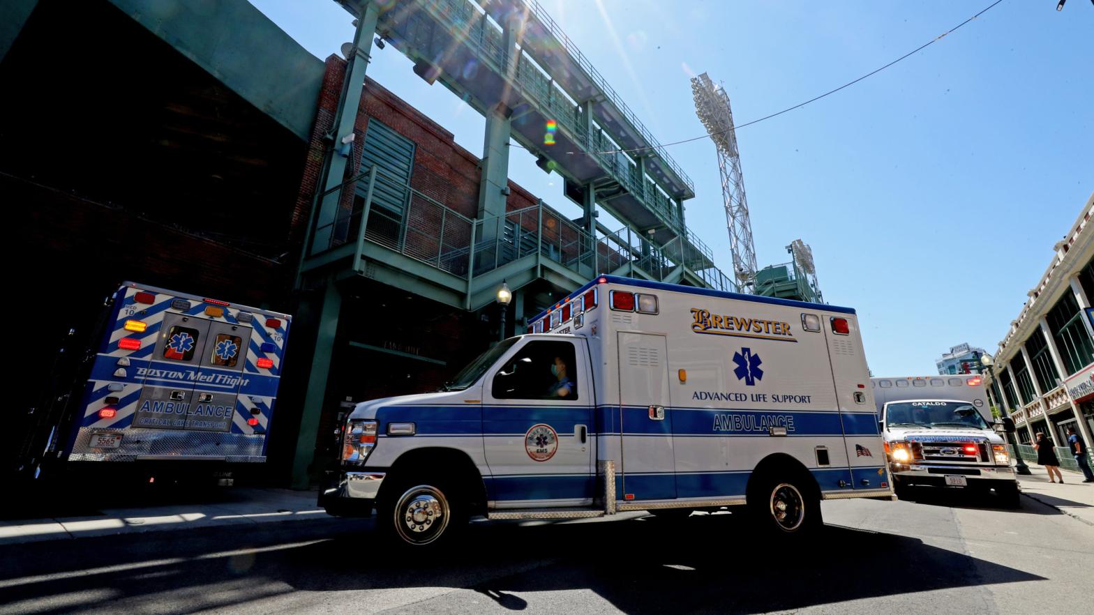 A convoy of 50 ambulances drives down Lansdowne Street on their way to Fenway Park in celebration of National EMS Week on May 20, 2020 in Boston, Massachusetts.  (Photo: Maddie Meyer, Getty Images)