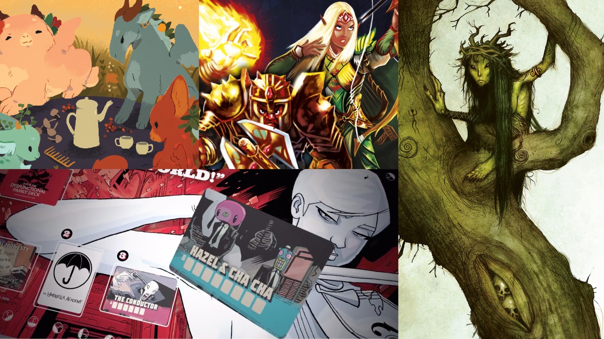 Clockwise from left: Autumn Harvest: A Tea Dragon Society Game, Dungeons & Dragons: Adventure Begins, Vaesen, and The Umbrella Academy: The Card Game.  (Image: Renegade Game Studios,Image: Wizards of the Coast,Image: Free League Publishing,Image: Studio 71 Games)