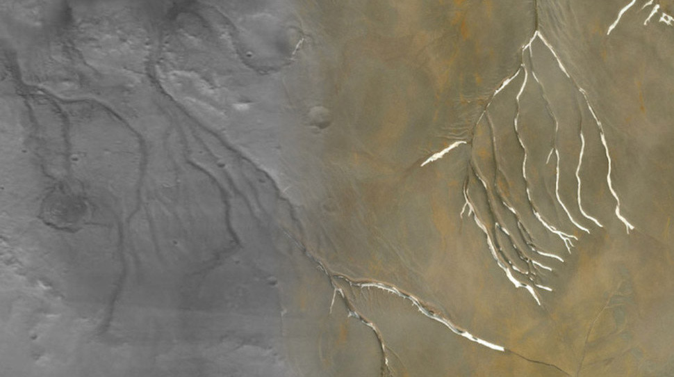 A collage image showing Martian valleys (in grey,) superimposed with channels on Devon Island (in tan), revealing striking similarities.  (Image:  Anna Grau Galofre/Arizona State University)