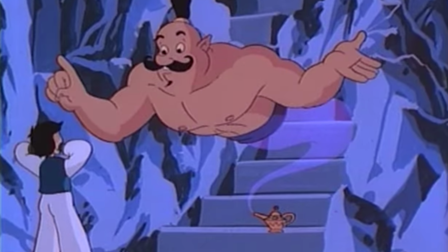 For some reason, giving the genie a human skin colour seems so unsettling.  (Screenshot: GoodTimes Entertainment)