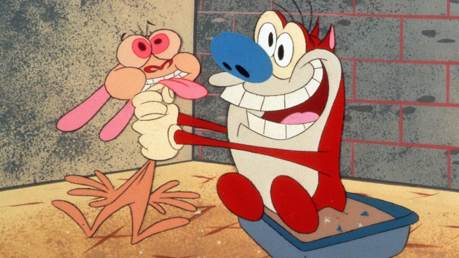 Stimpy choking Ren while sitting in a litterbox. (Image: NIckelodeon)