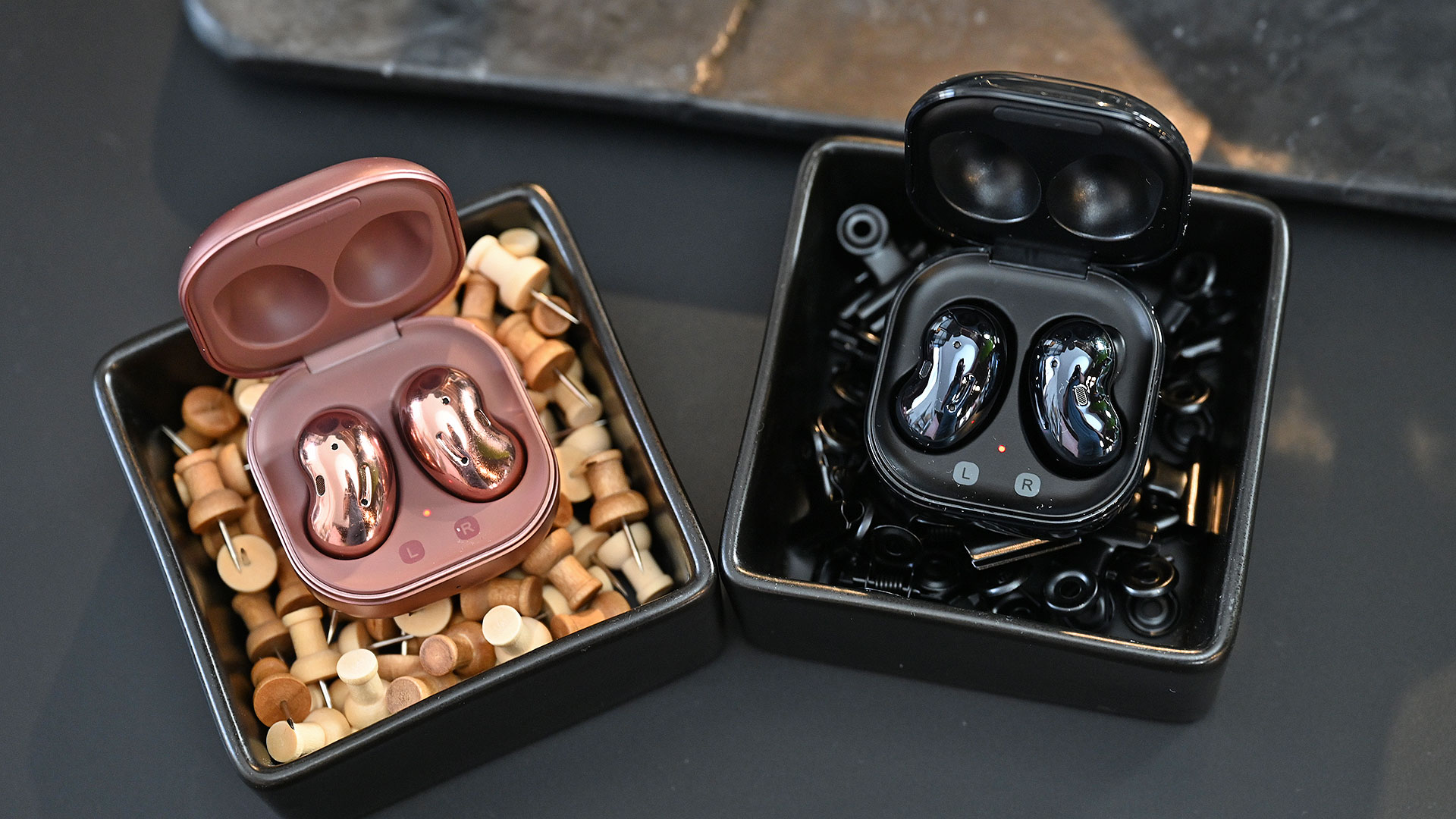 The Galaxy Buds Live come in bronze, black, and white (not pictured). (Photo: Sam Rutherford/Gizmodo)