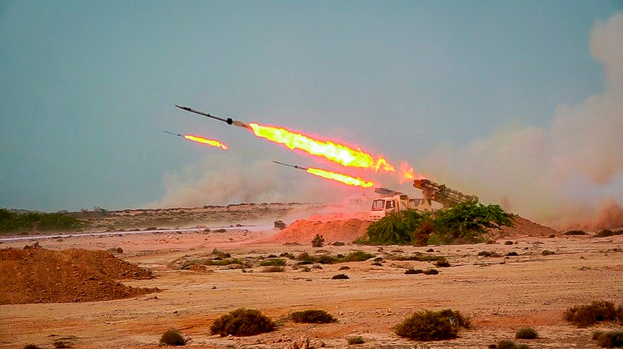 IRGC multiple launch rocket systems firing during live-fire exercises in a photo released July 28, 2020. This photo was released by the IRGC and cannot be independently verified (Photo: Sepahnews, AP)