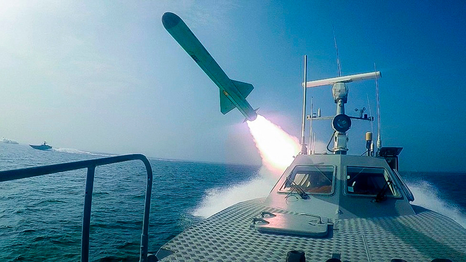 An IRGC speedboat launching missiles during live-fire exercises in a photo released on July 28, 2020. This photo was released by the IRGC and cannot be independently verified (Photo: IRGC, AP)
